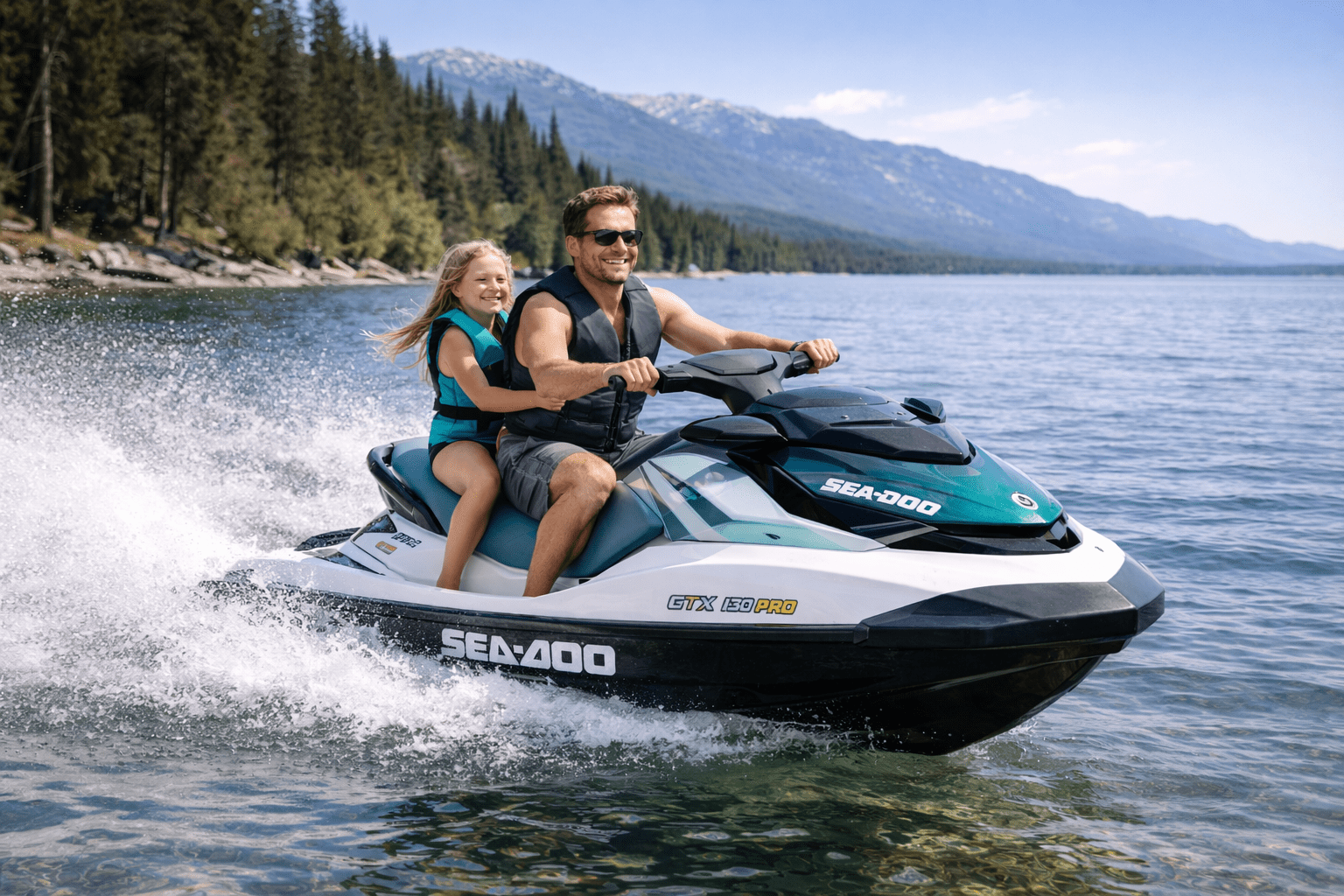 Two people enjoying a jet ski ride on a lake surrounded by mountains.