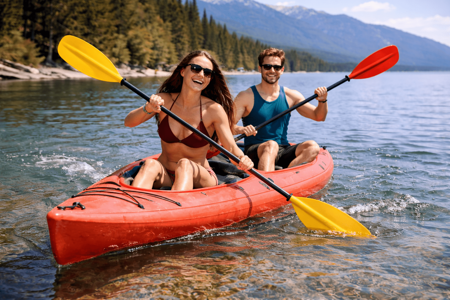 A couple kayaking on a clear mountain lake.