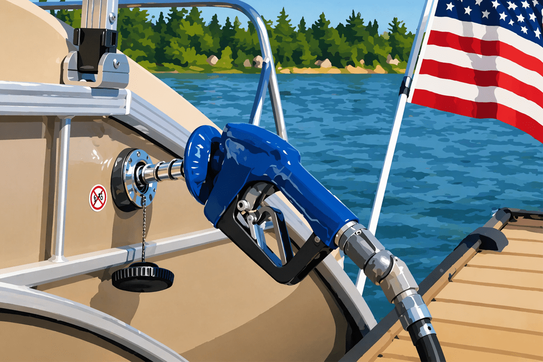 Blue boat fuel nozzle pumping fuel into a boat at a dock, with water and trees in the background.