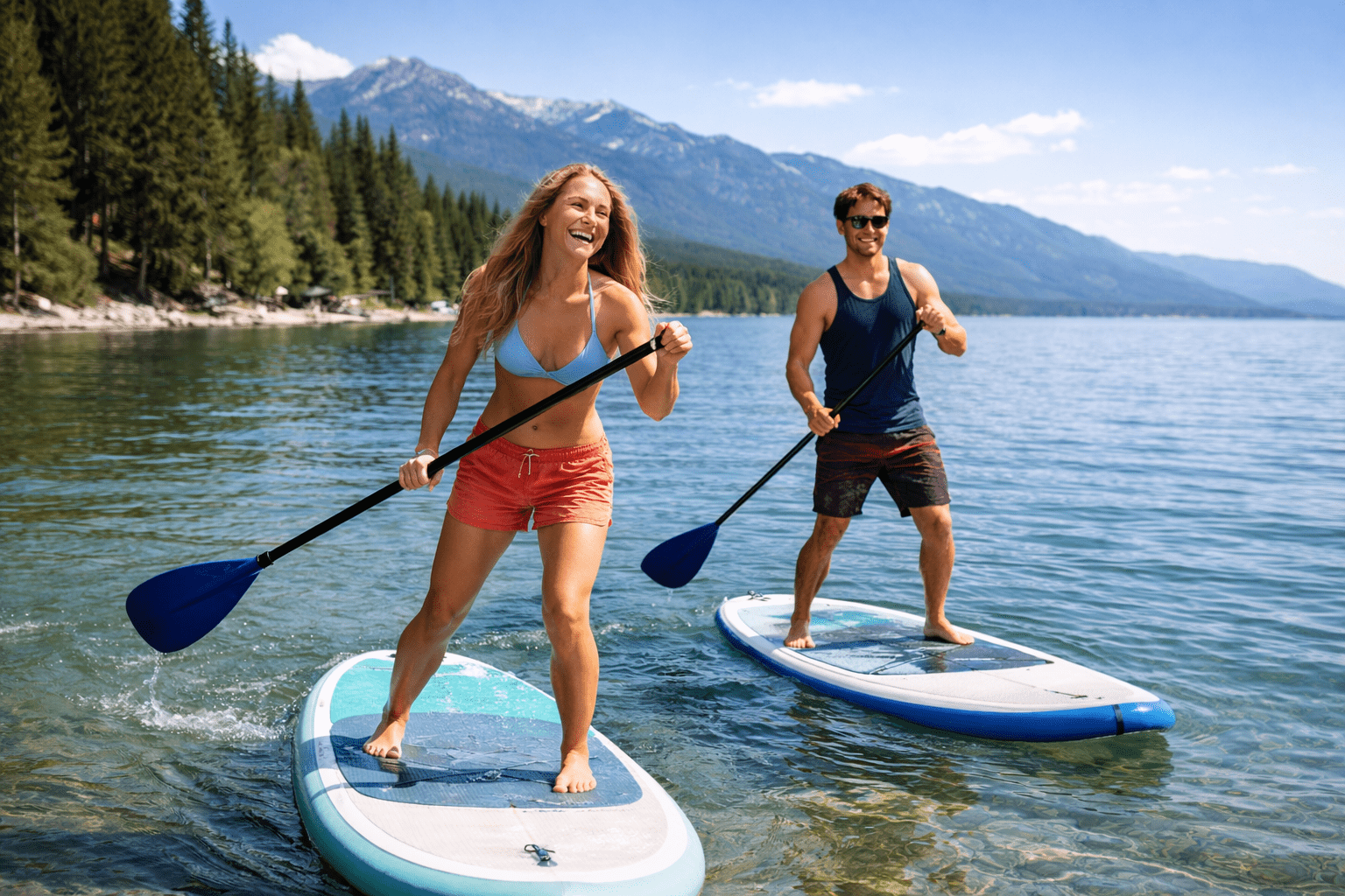 A smiling couple paddleboarding on a clear lake with mountains in the background.