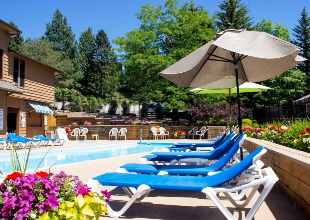 Blue lounge chairs by a sunny pool with umbrellas and greenery.